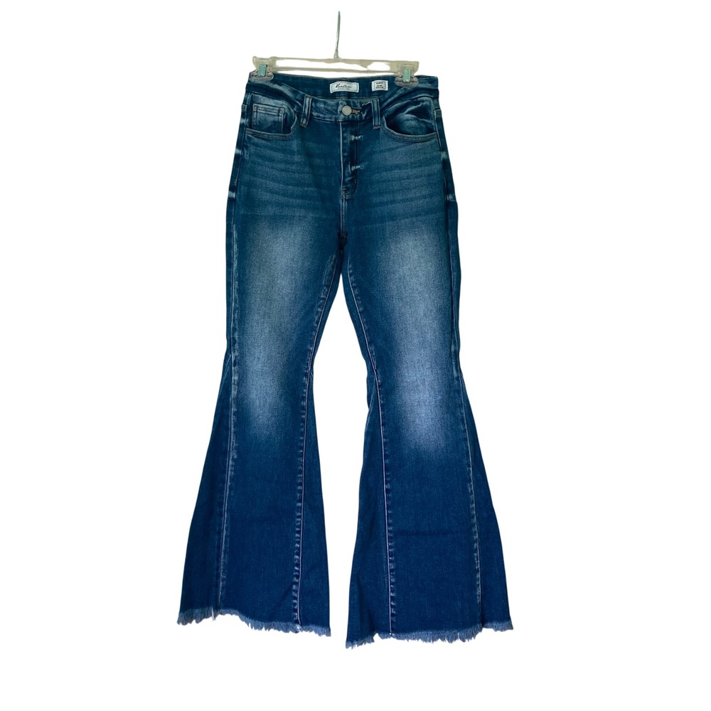 Kan Can Kurvy Mid-Rise Super Flare Denim Jeans Raw Hem Retro Boho Hippie Sie 27